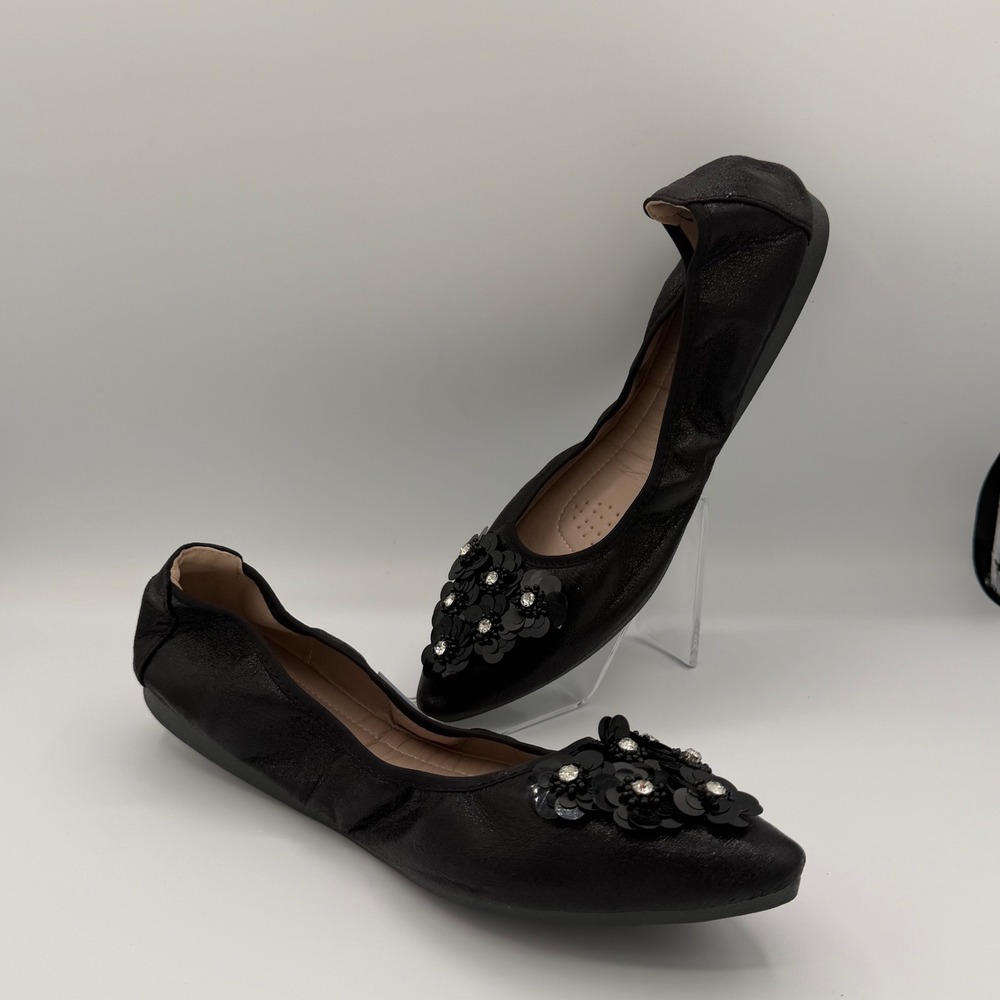 Guansitu‎ Black Ballet Flats Women Rhinestone Crystal Foldable comfort Flats 11